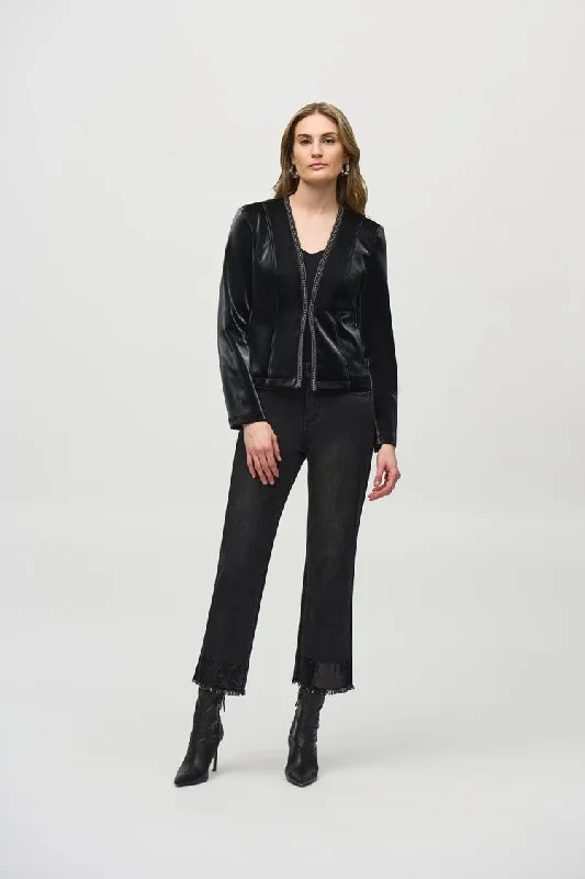 Clearance Sale Joseph Ribkoff Black Leatherette Jacket with Rhinestone Trim