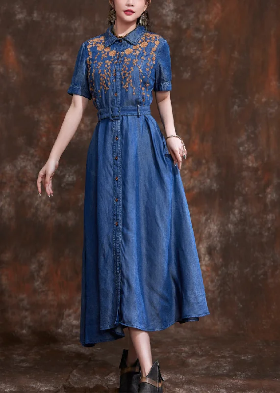 Price Drop Natural Blue Peter Pan Collar Embroidered Slim Long Denim Dress Summer