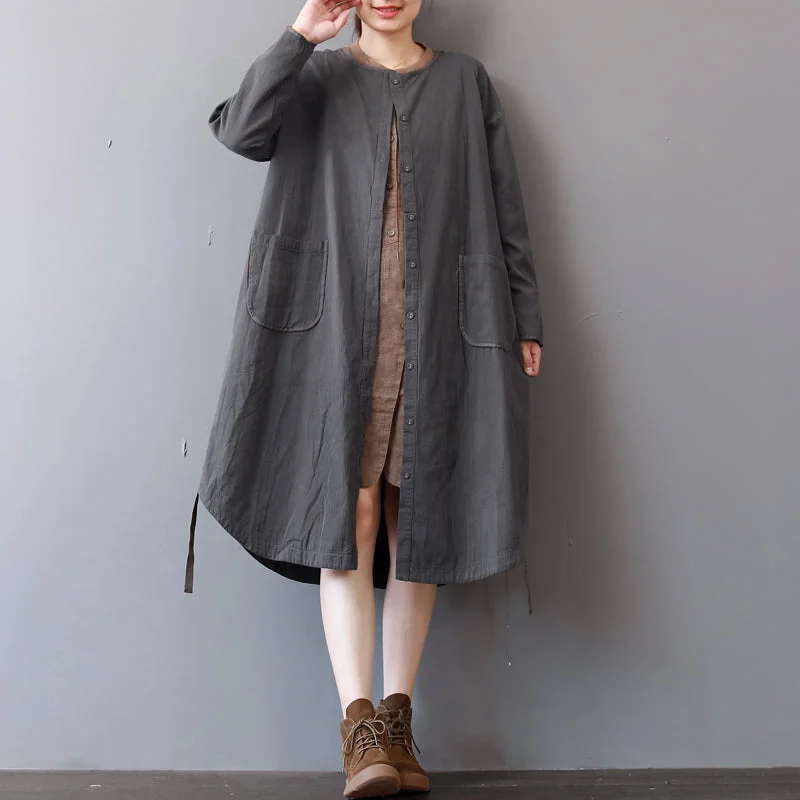 satin dressNew gray cotton dress plus size stand collar cotton maxi dress Elegant long sleeve autumn shirt dress