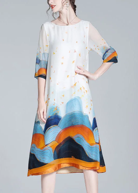 Unbeatable Prices Loose White O Neck Print Silk Dresses Half Sleeve