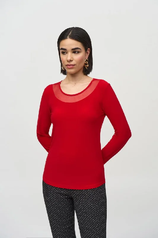 Huge Discounts Joseph Ribkoff Lipstick Red Silky Knit and Mesh Fitted Top