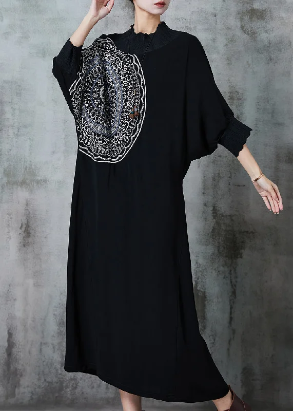 draped dressUnique Black Oversized Cotton Maxi Dresses Batwing Sleeve