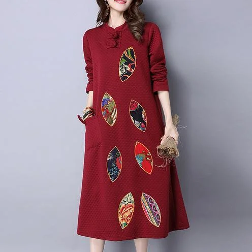 casual shift dressred embroidery vintage cotton women dresses plus size long sleeve maxi warm dress