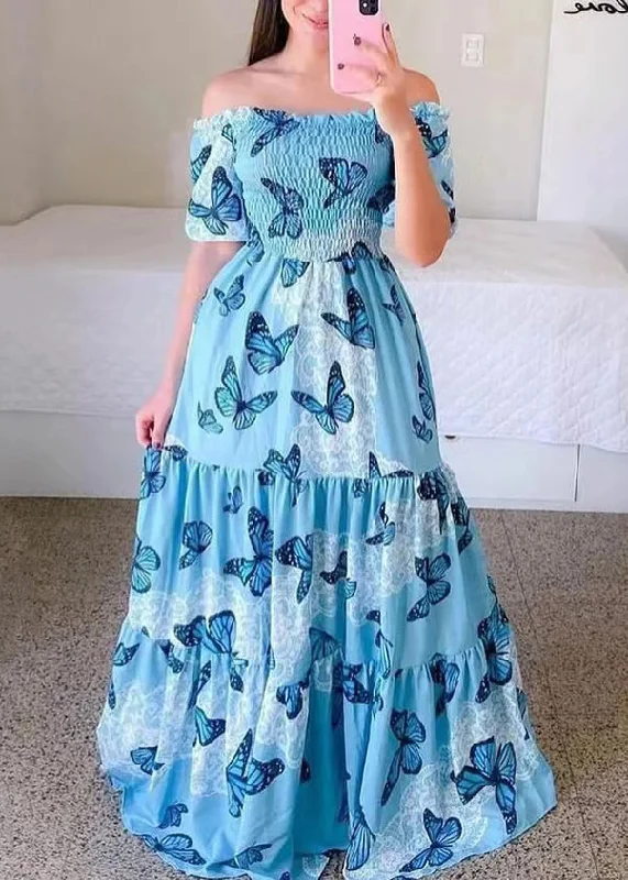 Low Prices New Blue Ruffled Print Cotton Long Dress Summer