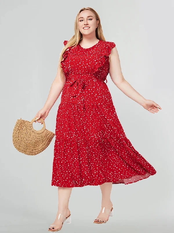 comfy maxi dressPolka Dot Round Neck Belted Gathered Layered Dress