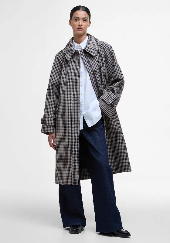 Price Cut Barbour Nadine Checked Showerproof Car Coat, Navy and Beige