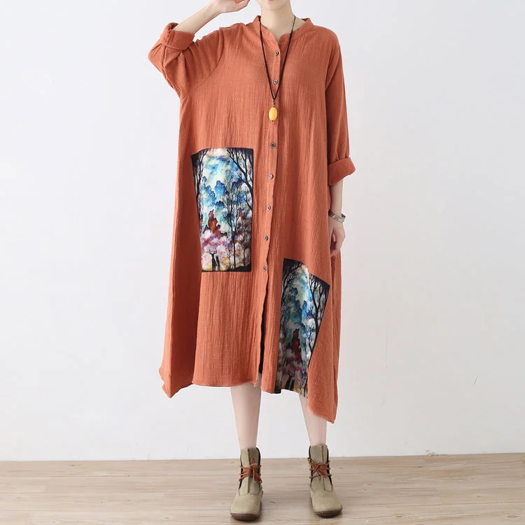 shift dressbaggy orange long linen shirt dress plus size patchwork gown Fine asymmerrical linen caftans