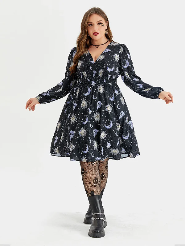 romantic dressHalloween Print V-Neck Lantern Sleeve Midi Dress