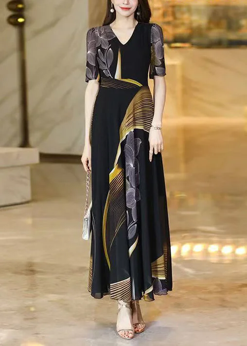 Today’s Deal Elegant Black V Neck Print Chiffon Long Dresses Summer