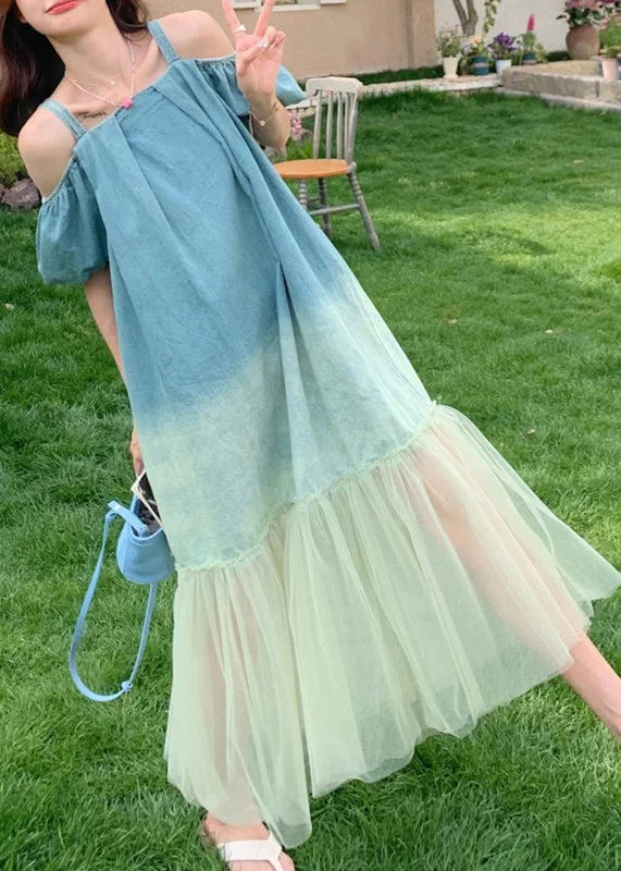 puff sleeve dressGradient Color Blue Tulle Patchwork Spaghetti Strap Long Dress Short Sleeve