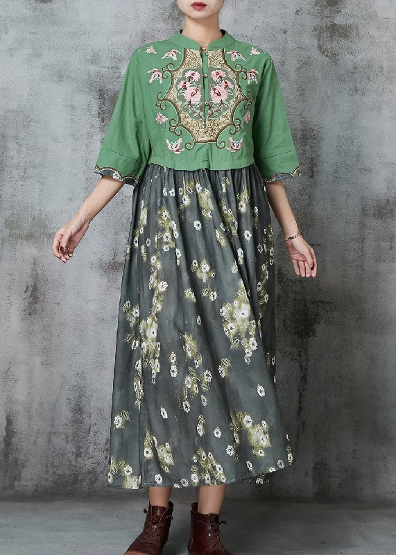 elegant evening dressFine Green Embroidered Patchwork Cotton Vacation Dresses Summer