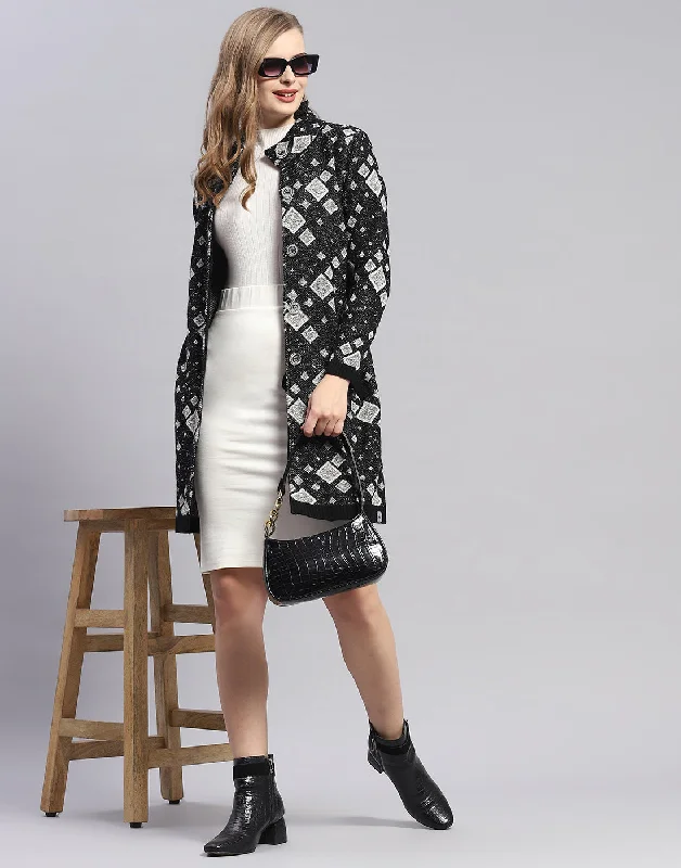 Overstock Women Black Jaquard Round Neck Full Sleeve Coat