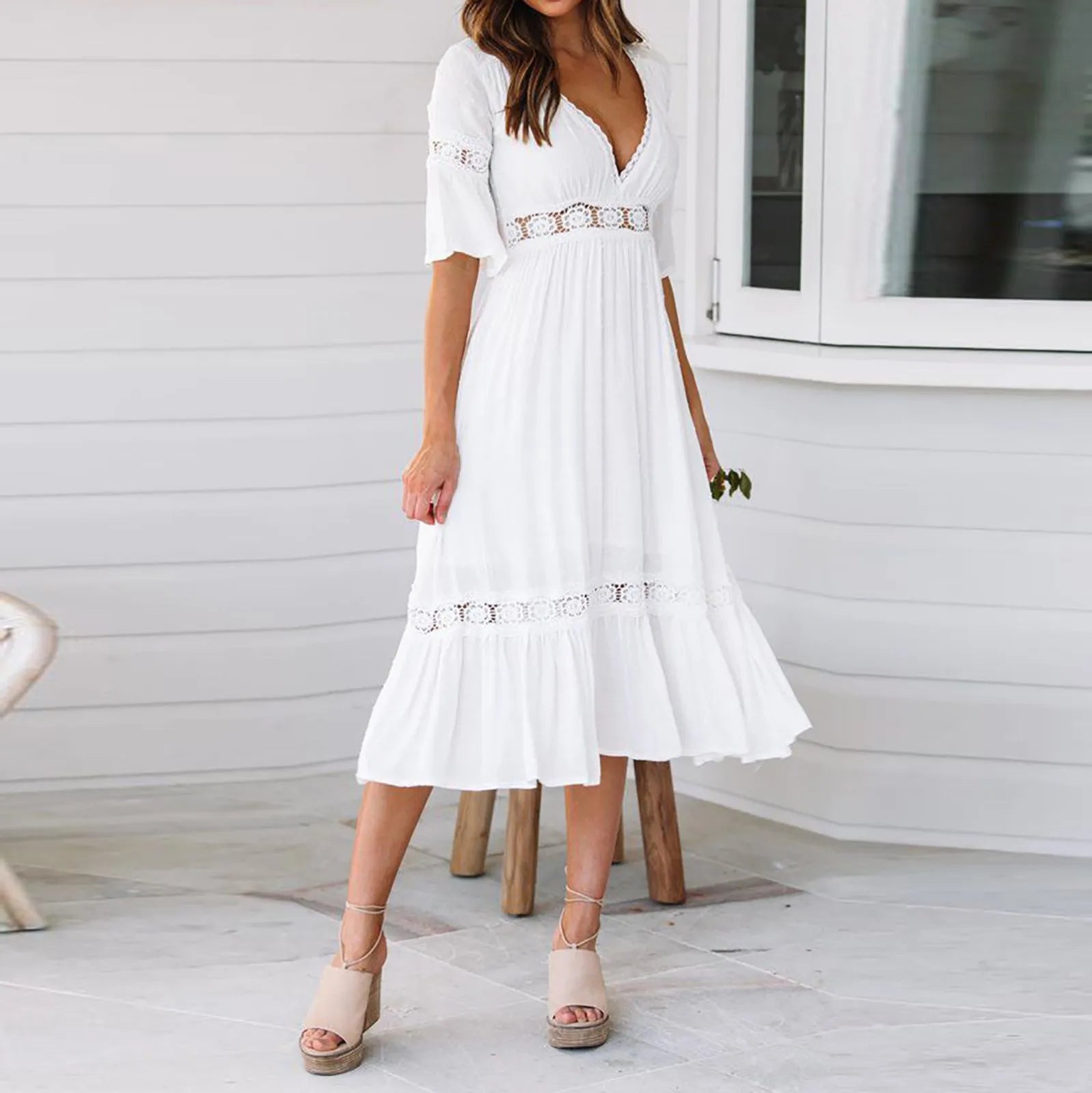 Now or Never JuliaFashion - Summer White Long Women Boho Hollow Out A Line Ruffles Short Sleeve V-Neck Loose Fashion Casual Elegant Woman Dress Now or Never JuliaFashion - Summer White Long Women Boho Hollow Out A Line Ruffles Short Sleeve V-Neck Loose Fashion Casual Elegant Woman Dress