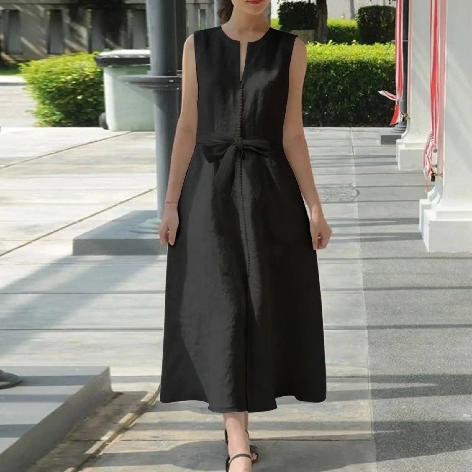 Special Buy JuliaFashion - Women Maxi Long 2024 Summer Vintage Black Sleeveless Casual V-Neck Loose Ankle Length Belt Loose Party Vestidos Robe Femme Dress