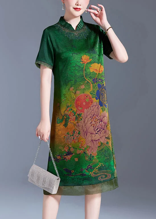 flowy maxi dressGreen Print Patchwork Silk Dress Stand Collar Summer