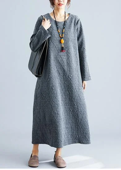 sleek midi dressDIY o neck jacquard cotton tunic dress Catwalk gray Maxi Dress fall