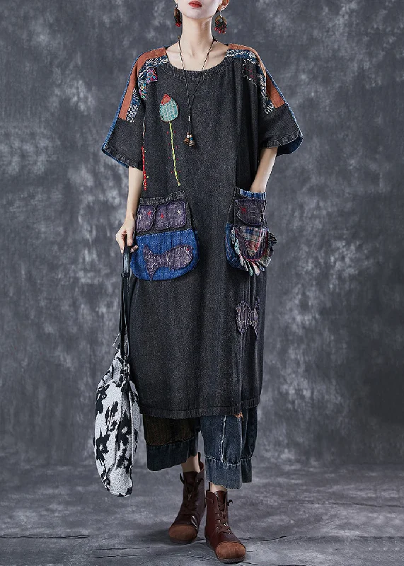 chic dressVintage Black Embroideried Patchwork Applique Denim Maxi Dresses Summer