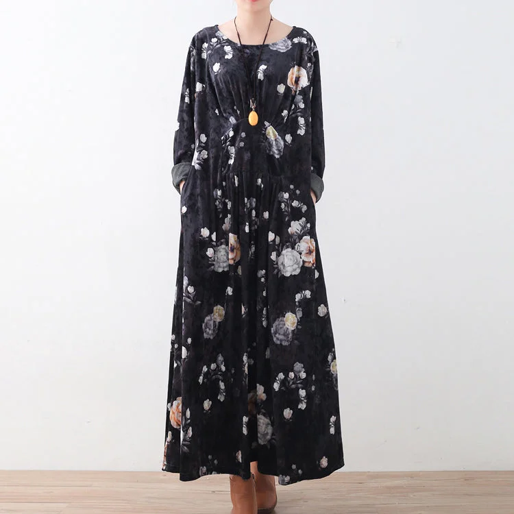 casual summer dressfashion black corduroy dresses oversize prints maxi dress boutique patchwork kaftans