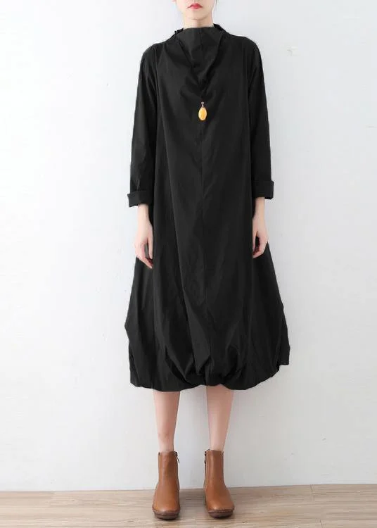 comfy dressModern black cotton dresses high neck asymmetric Traveling fall Dress