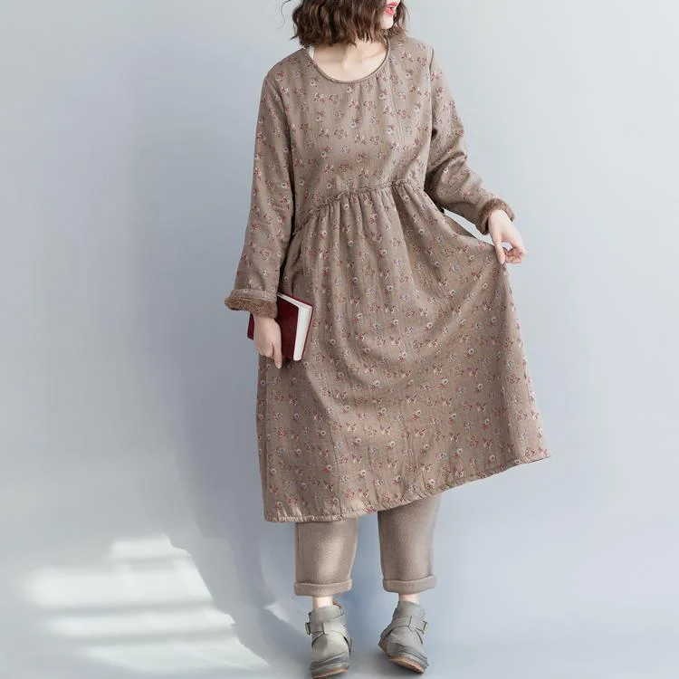 backless dressUnique khaki floral linen cotton dresses fine Christmas Gifts Kaftan o neck Cinched Dress