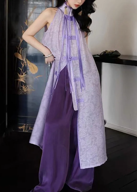 fitted bodycon dressWomen Purple Stand Collar Asymmetrical Button Tassel Maxi Dresses Summer