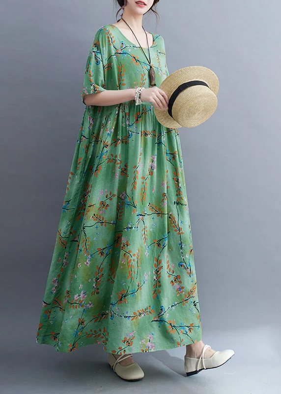 boho-chic dressOrganic Green O-Neck Patchwork Wrinkled Long Dress Summer