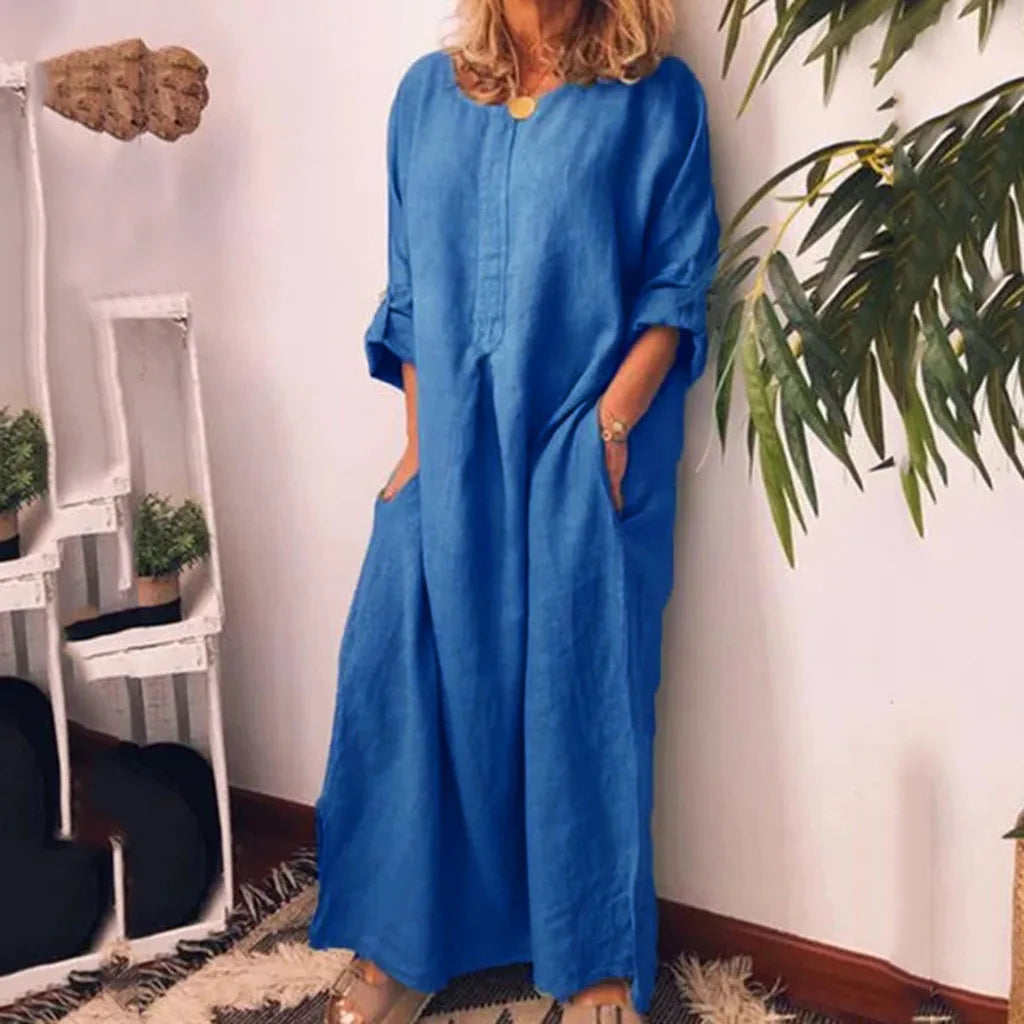 vintage dressJuliaFashion - Women Casual Long Sleeve Solid Color O-Neck Summer Cotton Maxi With Pockets Casual Vintage Knee Length For Women Dress