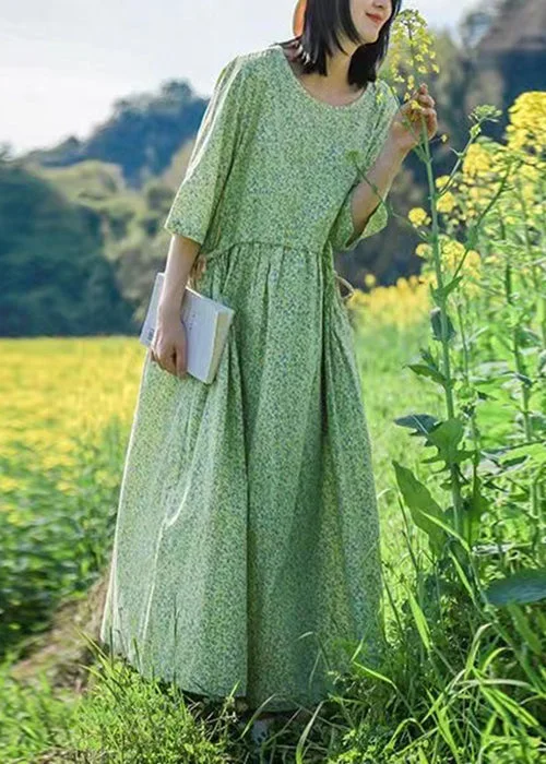 relaxed fit dressBeautiful Green O Neck Print Lace Up Cotton Dresses Half Sleeve