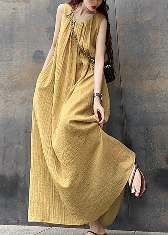 modern dressFrench Yellow O-Neck Wrinkled Cotton Long Dress Sleeveless