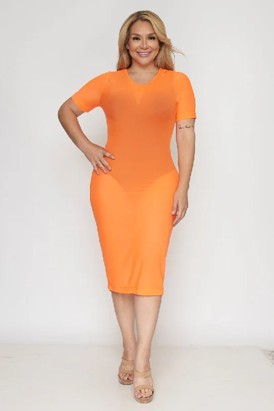 satin dressPlus Size See-Trough Short Sleeve Midi Dress in Neon "Undershirt Not Included" (D1044)