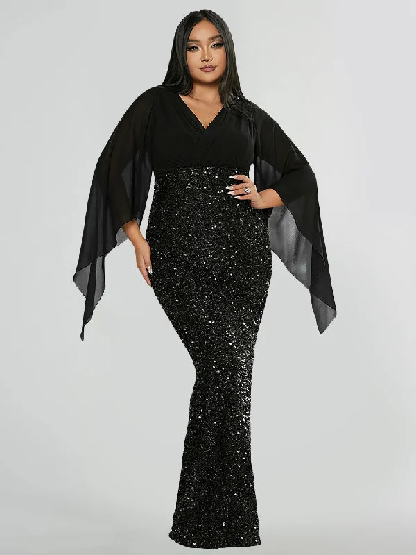 shift dressOverlap Collar Cloak Sleeve Slit Back Contrast Sequin Dress