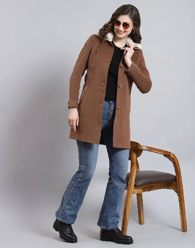 Super Bargain Women Brown Solid Collar Full Sleeve Coat
