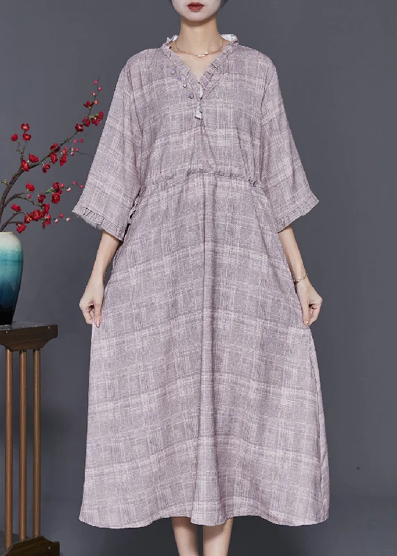 evening dressFrench Grey Ruffled Plaid Drawstring Cotton Long Dress Summer