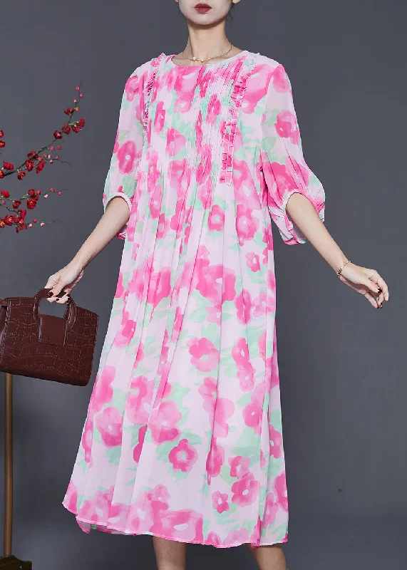 relaxed fit dressFrench Pink Ruffled Print Wrinkled Chiffon Long Dress Summer