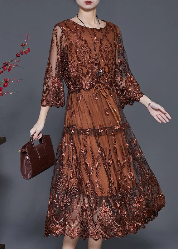 textured dressBrown Tulle Maxi Dresses Cinched Embroidered Summer