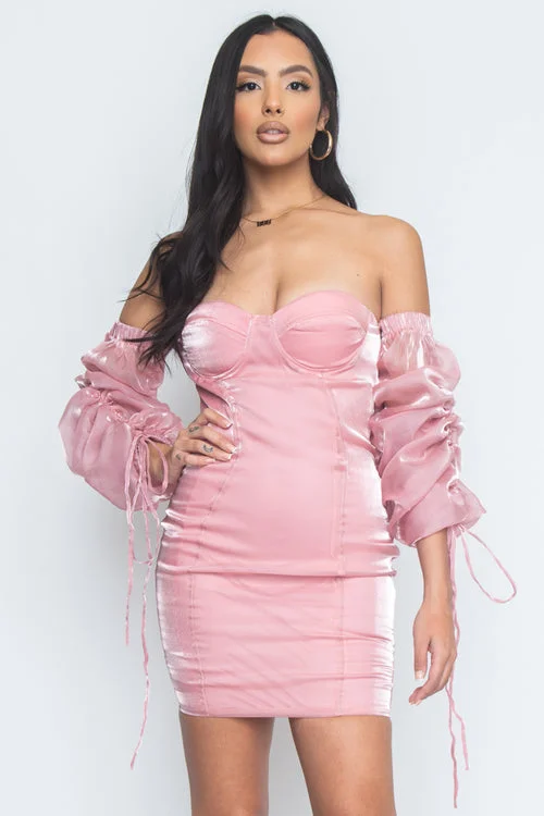 Can't Be Beat Off The Shoulder 3/4 Puff Ruched Sleeve Mini Dress In Pink (DR1790)