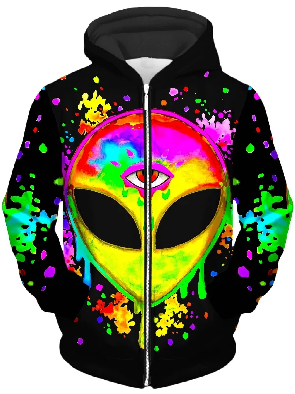 Referral Discount Splatter Alien Yellow Unisex Zip-Up Hoodie