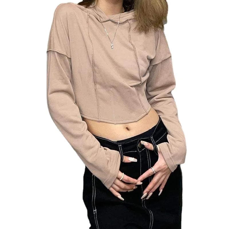 Final Sale Women's Grunge Solid Color Zipper Short Hoodies