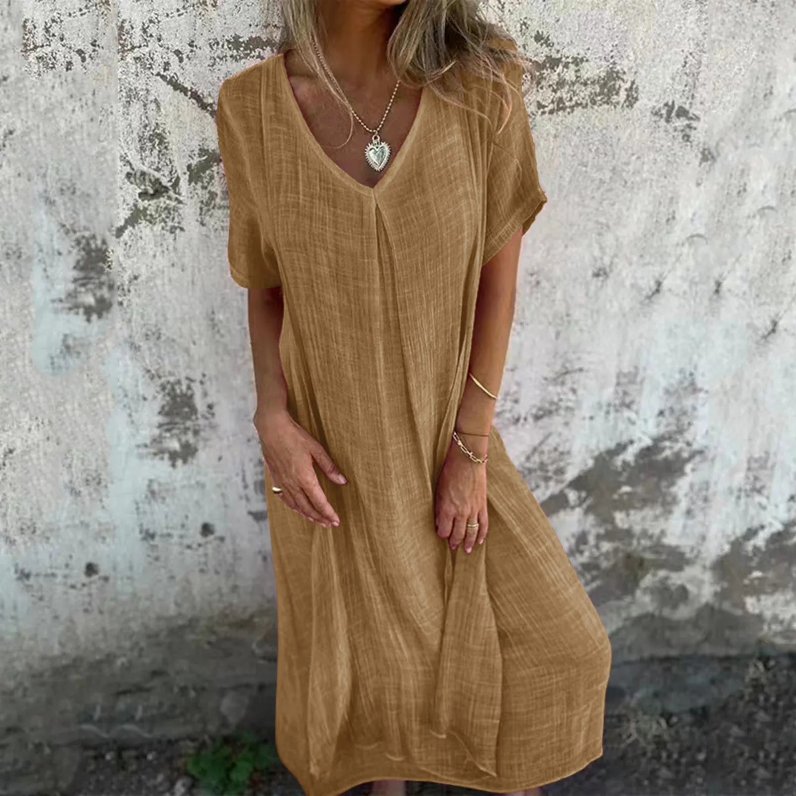 winter dressJuliaFashion - Women's Summer Cotton Linen Short Sleeve Loose Simple Solid Color Long Pullover Casual Loose T-Shirt Dress