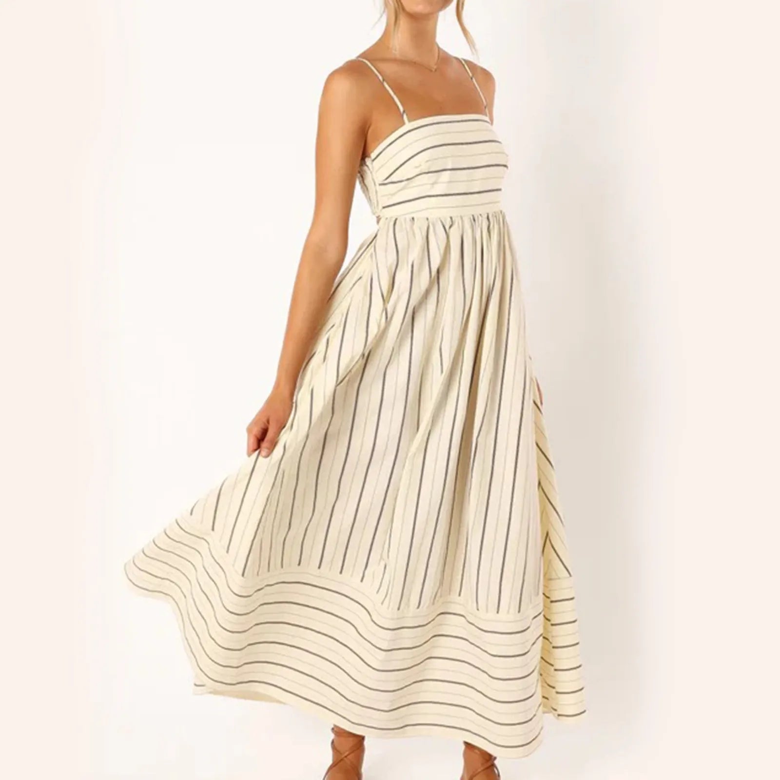 cocktail party dressJuliaFashion - New Striped For Women 2024 Sleeveless Suspender Backless Swing A-Line Back Hollow Out Casual Midi For Women Dress