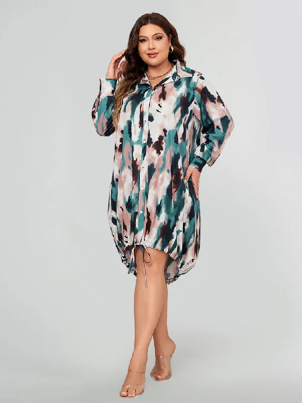 casual day dressWater-Color Print Turn-Down Collar Shirt Dress