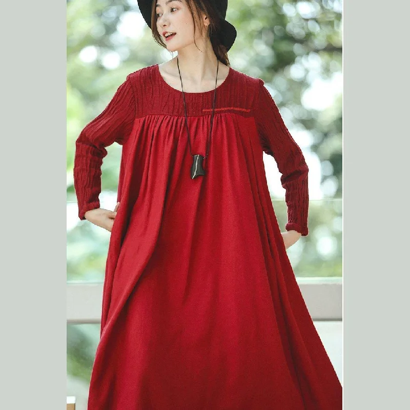 relaxed fit dressNew red plus size clothing O neck embroidery caftans boutique long sleeve large hem dresses