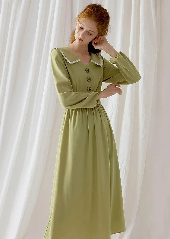 floral wrap dressSimple green blended Wardrobes Peter pan Collar Dresses fall Dress