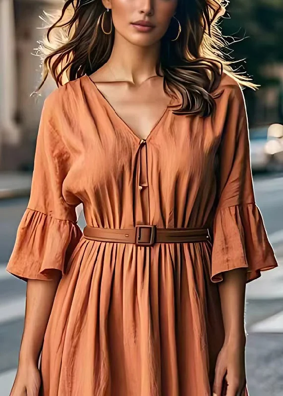 elegant shift dressPlus Size Brick Red V Neck Tie Waist Cotton Long Dresses Summer