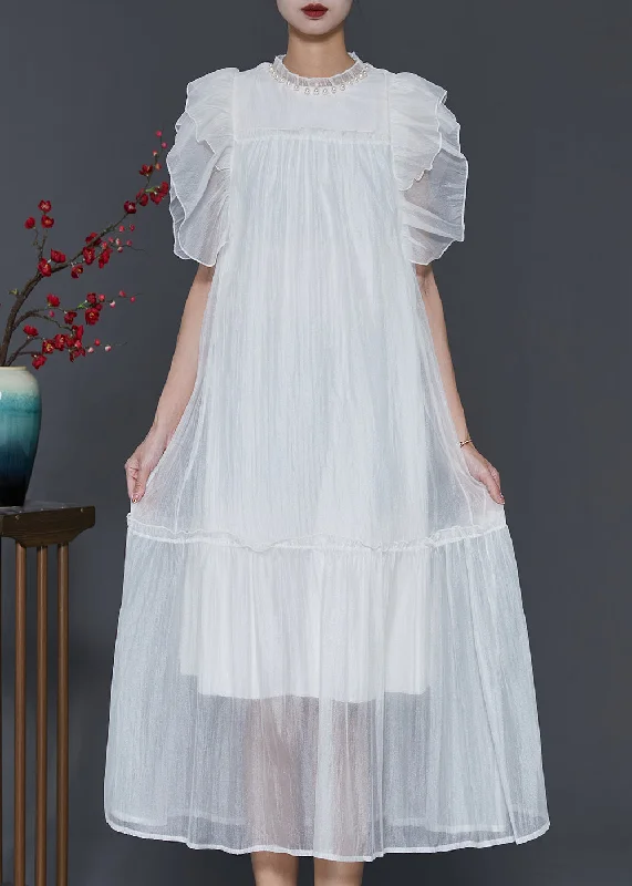 Instant Savings White Silk Long Dress Ruffled Nail Bead Petal Sleeve