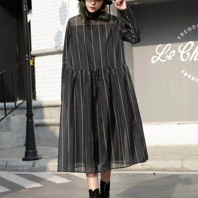 elegant shift dressfashion black long tulle dress plus size striped cotton caftans New stand collar maxi dresses