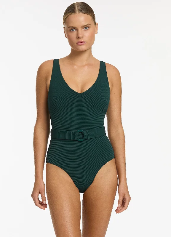Can't Miss Isla Rib V-Neckline Belted One Piece - Forest