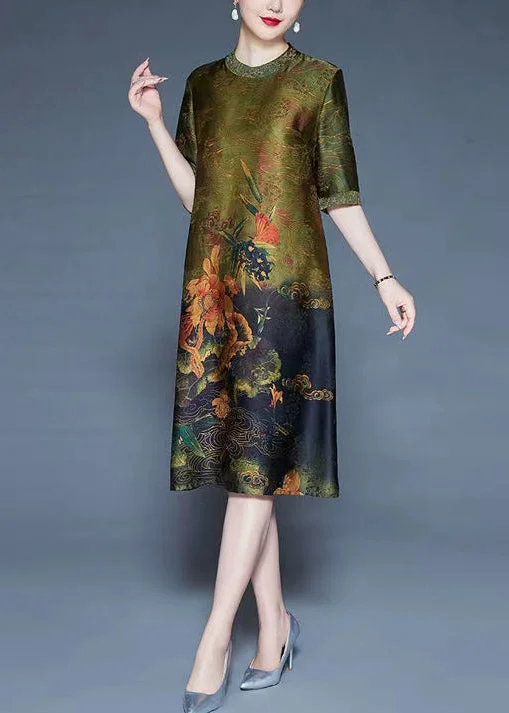 Quick Sale French Green Embroidered Print Patchwork Silk Dress Summer