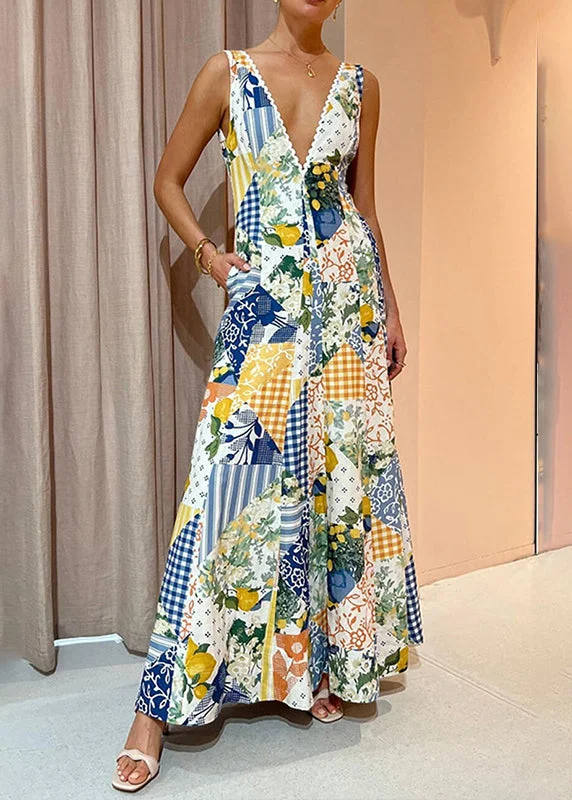 Huge Discounts Fashion V Neck Print Backless Long Dresses Sleeveless