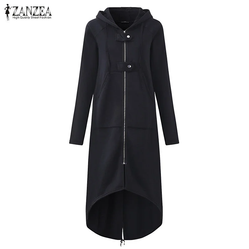 modern outerwearZANZEA 2018 Autumn Hooded Long Sleeve Zip Sweatshirt Hoodies Coat Women Solid Long Jacket Irregular Hem Black Outwear Plus Size